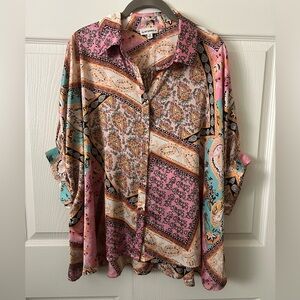 eesome  colorful paisley patchwork print button-down blouse with a satin finish